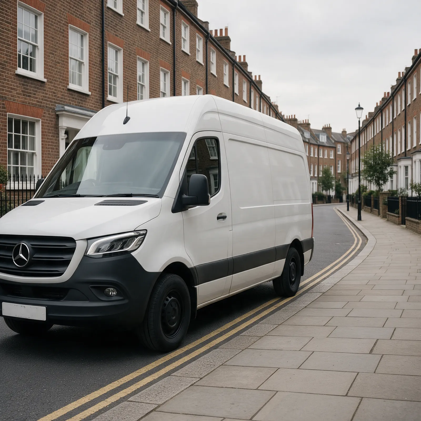 White Mercedes-Benz Sprinter panel van on a London street